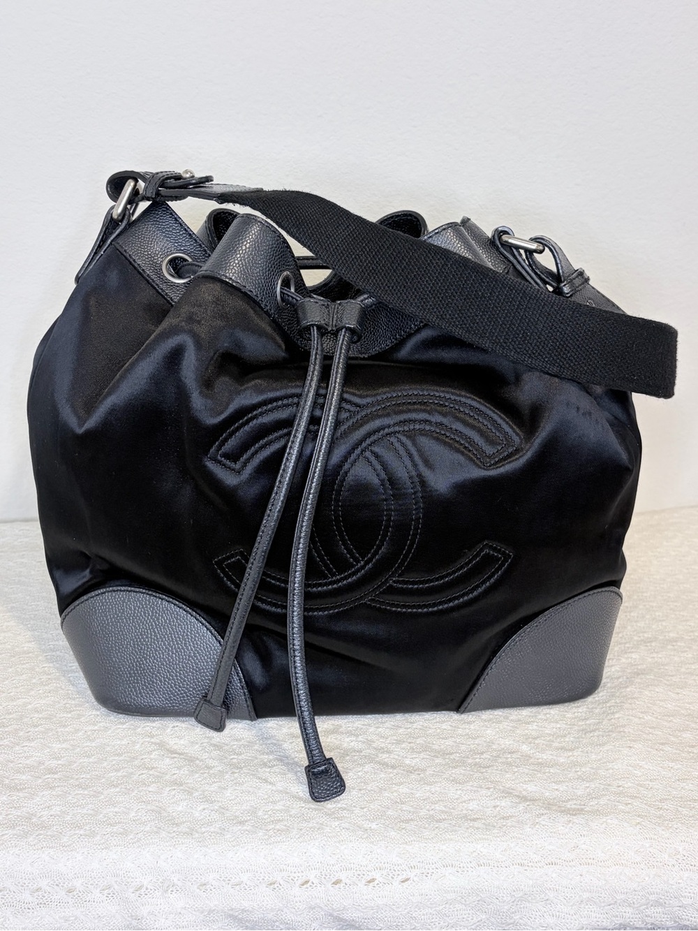 Authentic Vintage Chanel Black Satin Drawstring Bucket Shoulder Bag